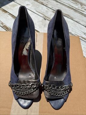 Guess Navy Peep-Toe Heels with Gunmetal Chain Detail